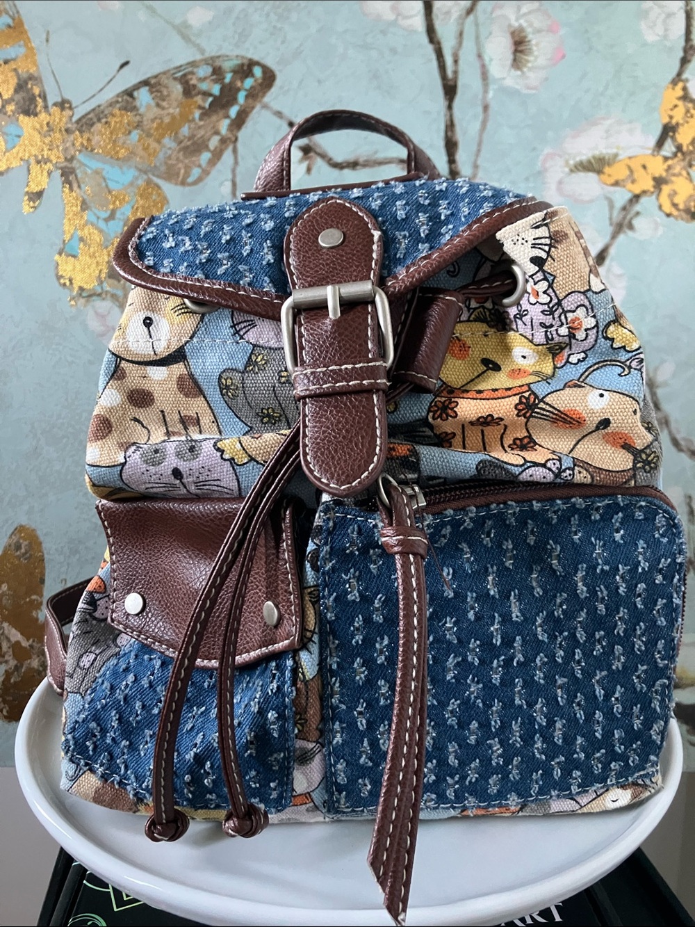 Unionbay Cat Print Denim & Brown Faux Leatherette Mini Backpack